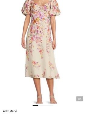 Alex Marie Cream Floral Puff-Sleeve Midi Dress